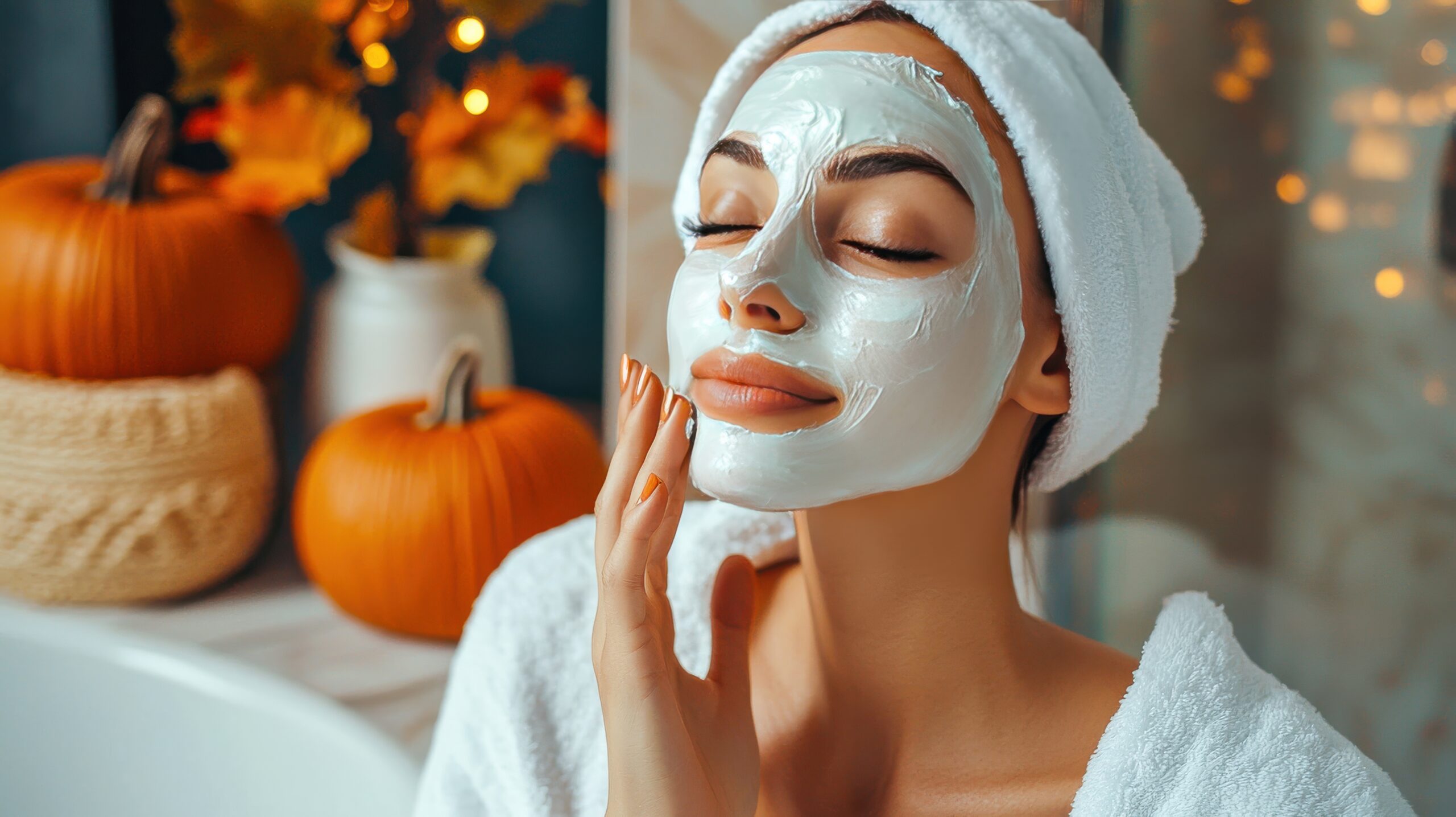 A woman applying a hydrating face mask in a bathroom decorated with subtle fall accents, like small pumpkins and warm-toned towels. The scene emphasizes self-care and seasonal skincare routines. stock photohraphy 32K, UHD, Ultra HD quality, high quality --ar 16:9 --quality 2 --style raw --v 6.1 Job ID: c9045635-f66e-4d55-8dec-4ac8dc4d54a9